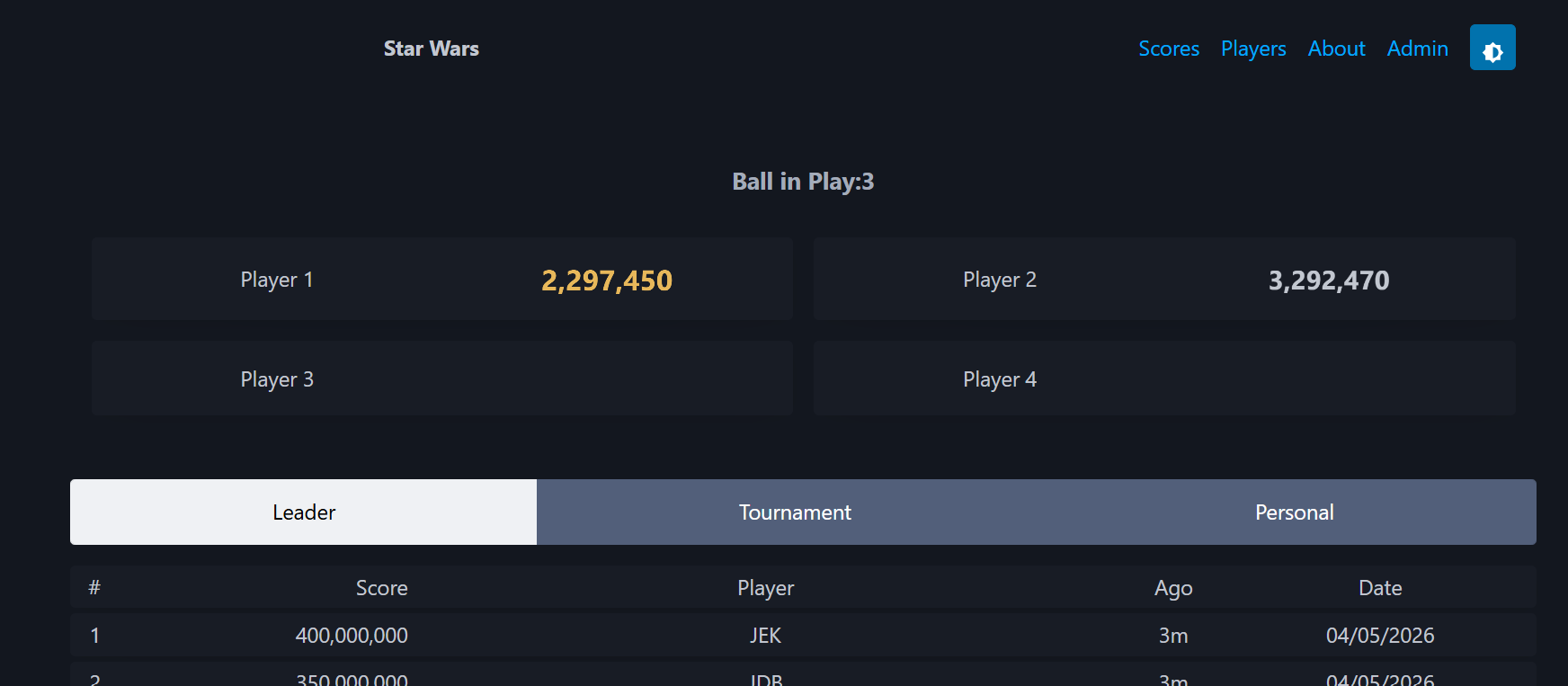 Data East game in play web page