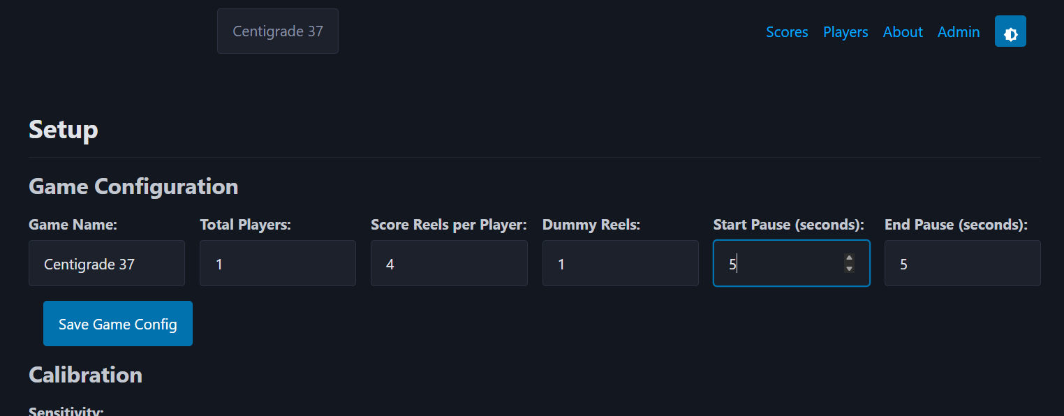 Admin setup page with game configuration and calibration