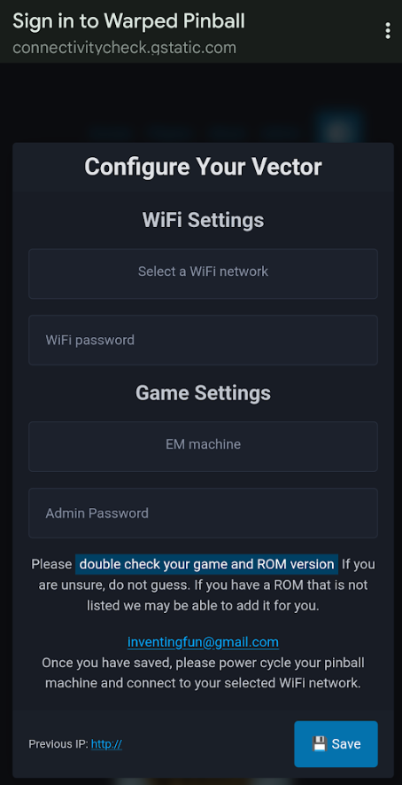 Configure Your Vector screen