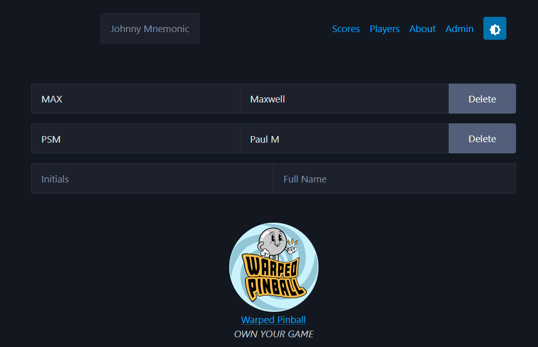 Pin players web page